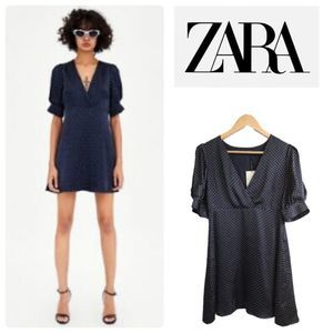 Zara Lined Navy Blue and Silver Polka Dot Short Puff Sleeve Mini Dress Small